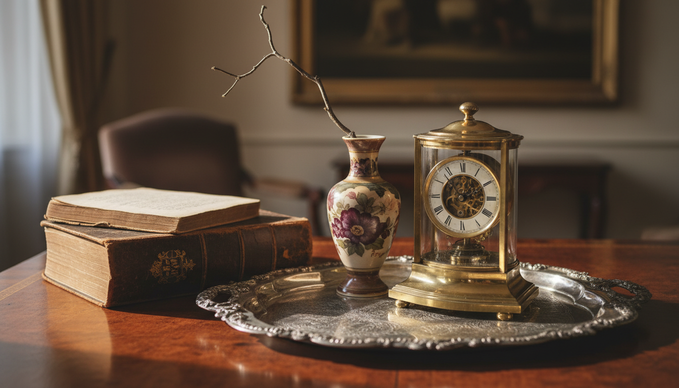 Elegant antique items including a vintage desk clock, leather-bound book, and porcelain vase